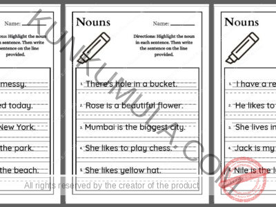 Highlight the noun in each sentence. Then write the sentence on the line provided pdf in 10 pages