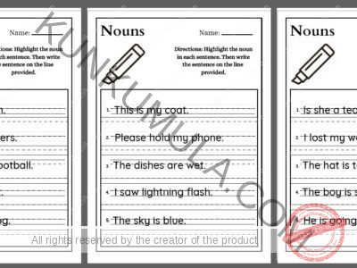 Highlight the noun in each sentence. Then write the sentence on the line provided pdf in 10 pages