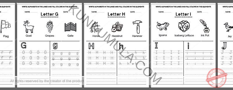 TRACING 08 WRITE ALPHABETS IN THE LINES AND FILL COLORS IN THE ELEMENTS 26 PAGES IN PDF