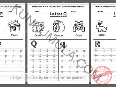 TRACING 08 WRITE ALPHABETS IN THE LINES AND FILL COLORS IN THE ELEMENTS 26 PAGES IN PDF