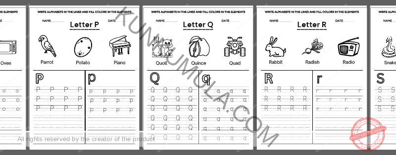 TRACING 08 WRITE ALPHABETS IN THE LINES AND FILL COLORS IN THE ELEMENTS 26 PAGES IN PDF