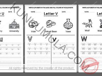 TRACING 08 WRITE ALPHABETS IN THE LINES AND FILL COLORS IN THE ELEMENTS 26 PAGES IN PDF