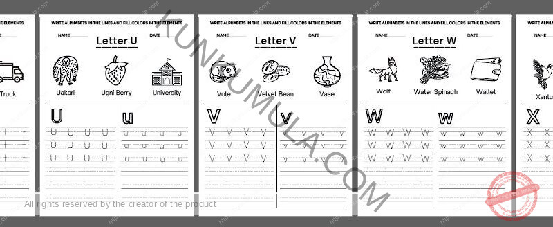 TRACING 08 WRITE ALPHABETS IN THE LINES AND FILL COLORS IN THE ELEMENTS 26 PAGES IN PDF