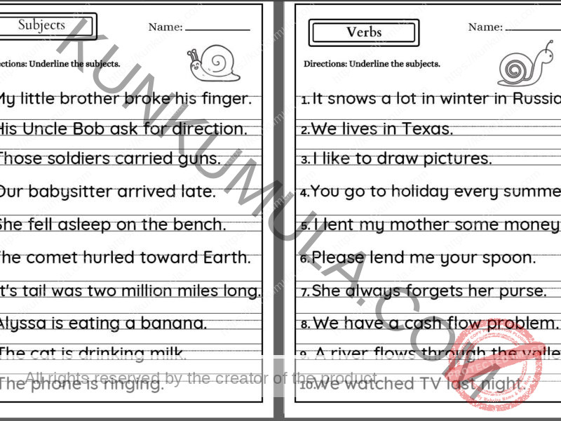 VERBS 02 Directions Underline the subjects. 6 pages in Pdf