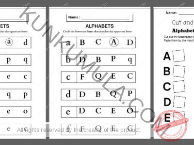 ALPHABETS Circle the lowercase letter that matches the uppercase letter, Cut and Paste, Cut out the lowercase letters &Paste them by the matching uppercase letters, match the alphabet, Learn ....