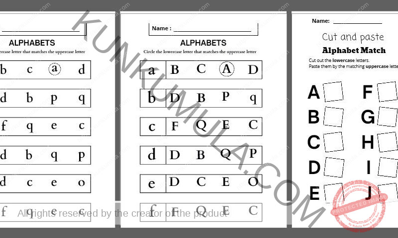 ALPHABETS Circle the lowercase letter that matches the uppercase letter, Cut and Paste, Cut out the lowercase letters &Paste them by the matching uppercase letters, match the alphabet, Learn ....